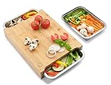 Liebspecht Premium Bambus Schneidebrett Set mit 3 Auffangschalen [Extra Groß] Bambus Schneidebrett mit Auffangschale [Verbesserte Version 2021] Schneidbrett mit Auffangschale