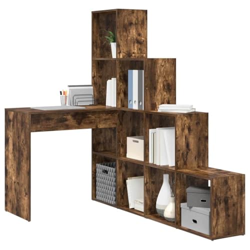 vidaXL Bureau d'angle avec étagère Chêne fumé 101,5 x 149,5 x 149,5 cm, Bureau d'angle Moderne, Table compacte pour ordi, Espace de Travail, écriture et...