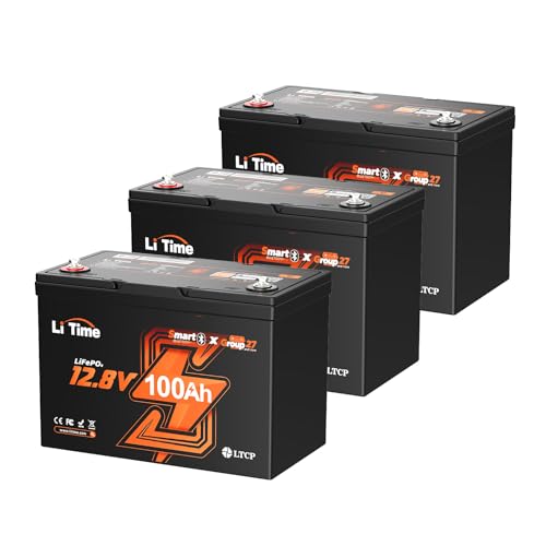 Image of Litime 12V 100Ah LiFePO4 Battery Bluetooth, Group 27 Trolling Motors Lithium Battery, Up to 15000 Deep Cycles, Built-in 100A BMS with Low-Temp Protection for RV, Solar System, Marine, Yacht (3-Pack)