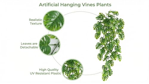 Image of Dekorly 2 Pack Artificial Plants Artificial Hanging Plants Faux Eucalyptus Leaf Greenery Fake Hanging Eucalyptus Plant (Green) (2, Monstera Vines)