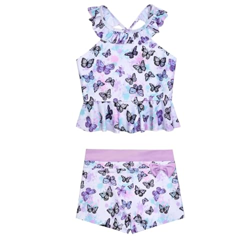 Image of CHILDRENSTAR Little Girls Tankini Swimsuit 2 Pieces Bathing Suit for Kids | Quick-Dry Cross-Back Adjustable Ruffles with Bow Decor Swimming Tankini and Short For Beach and Pool