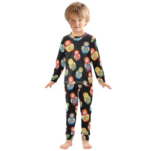 Pajama Sets Long Sleeve Matryoshka Dolls on Black Soft Comfy Sleepwear 2 Piece PJS 3-8T2