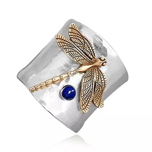 Dragonfly Bee Ring for Women,S925 Sterling Silver Fashion Blue Gem Dragonfly Wide Faceted Vintage Ring, Sparkling Dragonflies Sapphire Ring with Diamonds Fashion Jewelry Wedding Band4