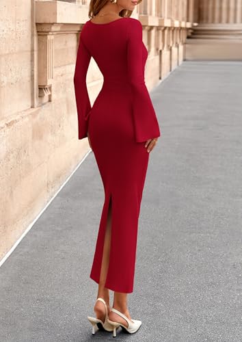 Image of PRETTYGARDEN Maxi Dresses for Women Elegant Classy Spring Fall Long Bell Sleeve Ruched Bodycon Cocktail Party Slit Dress