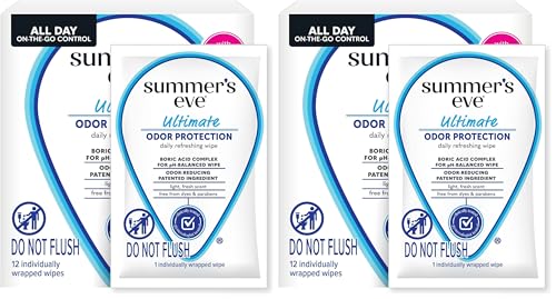 Image of Summer's Eve Ultimate Odor Protection Daily Feminine Wipes, Gentle pH-Balanced Formula with Boric Acid Cleanses & Removes Vaginal Odor, Individually Wrapped Body Wipes, 12 Count (Pack of 2)