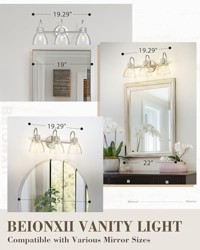 Image of Beionxii Brushed Nickel Bathroom Light Fixtures, 3-Light Bathroom Light Fixtures Over Mirror, Bathroom Vanity Light with Clear Glass Shade, Modern Vanity Lighting for LivingRoom Hallway, BX-VL02BN-3CG