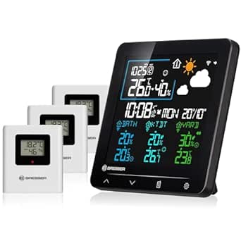 Bresser Quadro Individio Wetterstation NV mit 3 Außensensoren, integriertem Thermo-Hygrometer, 4 Messwerten und Luftdruckhistorie sowie Weckfunktion