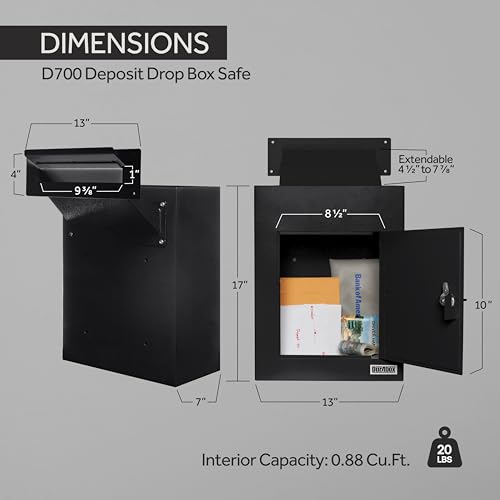 Image of Durabox Through-The-Wall Drop Box Deposit Safe 17 x 13 x 7 - Heavy Duty Steel Mailbox with Lock for Receiving Mail, Checks, Letters, Cash and More for Home, Office and Commercial Use (D700) (Black)