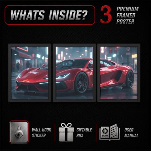 Image of BeauKraft Supercar Racing Poster Set for Wall - 3 Panel Split Posters (13x17 in Each, Framed), Sports Car Wall Art Decor for Boys Room, Living Room, Garage & Men's Bedroom (Framed - Red)
