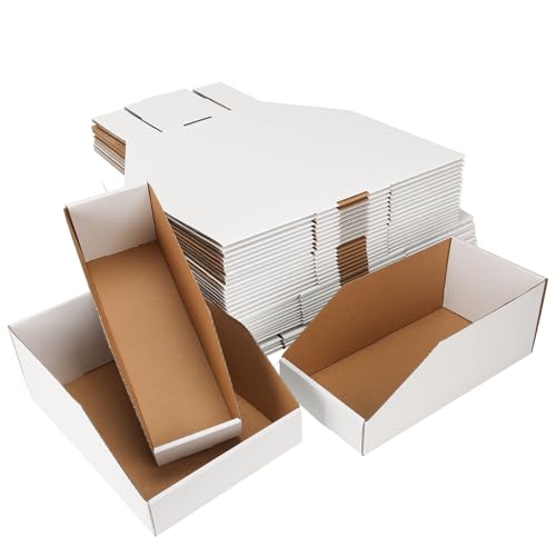 EXYGLO Cardboard Storage Bins Assorted Sizes, 35 Mixed Pack Cardboard Boxes,18 Pack 12x4x4.5, 12 Pack 12x6x4.5, 5 Pack 12x8x4.5 Corrugated Organizer Bins for Pantry, Shelves, Garage, Office, Shop