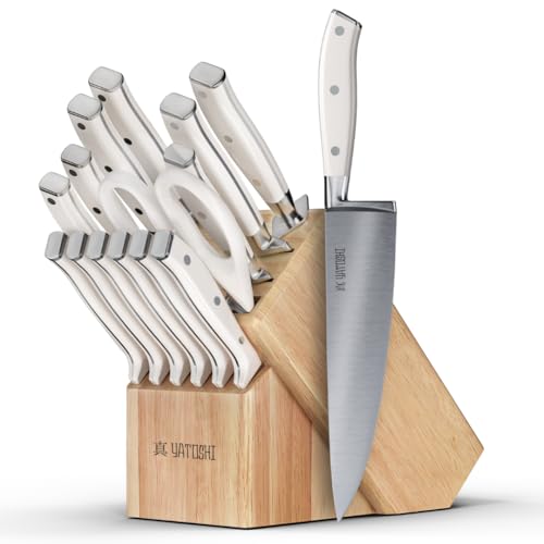 Image of Yatoshi 15 Piece White Knife Block Set - Pro Kitchen Knife Set Ultra Sharp High Carbon Stainless Steel with Ergonomic Handle