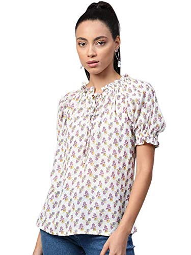 Yash Gallery Womens/Girls Cotton Crepe Ruffle Frill Floral Printed Top White?