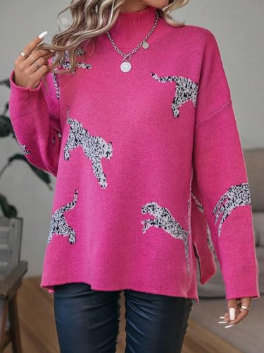 WDIRARA Women's Leopard Print High Neck Long Sleeve Sweater Casual Knit Pullovers3