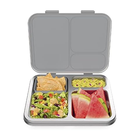 Bentgo Kids Stainless Steel Leak-Resistant Lunch Box - 3-Compartment Bento Style Lunch Box with Bonus Container - Eco-Friendly, Dishwasher Safe, BPA-Free, Ages 3+, Patented Design (Silver) Cover
