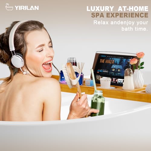 Yirilan Bamboo Bath Tray, Expandable 1 or 2 Person Wooden Bathtub Tray, Luxury Bath Tray, Extendable Bathtub Board, Fabric Bamboo