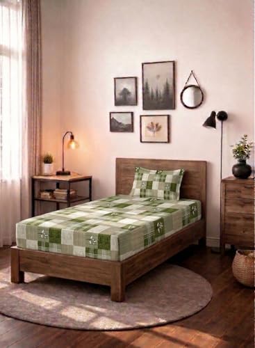 Image of HOMEKART (110 TC & 110 GSM 100% Cotton Feel Bedsheet for Single Bed with One King Size Pillow Covers Soft /Breathable Wrinkel Free -60x90 Inches - (Light Gree)