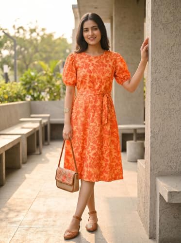 Image of HELLCAT Women Floral Fit & Flare Midi Dress | Round Neck, Puff Short Sleeve, Waist Tie-Up Belt | Casual Brunch Wear, Western One Piece, A-Line Long Frock, Summer Party Outfit
