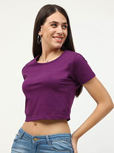 Image of FLEXIMAA Women's Cotton Plain Round Neck Half Sleeve Crop Top