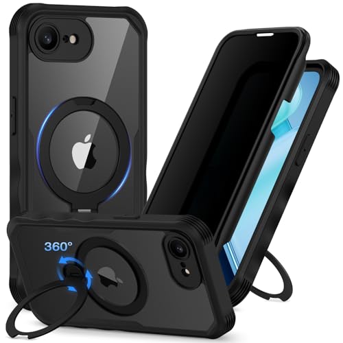 CENHUFO Privacy Case for iPhone 16E / iPhone 17E [Compatible with Magsafe] Full Body Phone Case Built-in 9H Glass Privacy Screen Protector and 360° Spin Magnetic Stand Ring, Shockproof Cover -Black