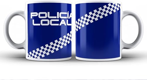 Taza Policía Local con franja, letras y fondo azul. Para desayuno, café o infusión. Se puede fregar y meter al microondas. De cerámica. Aguanta calor y frío
