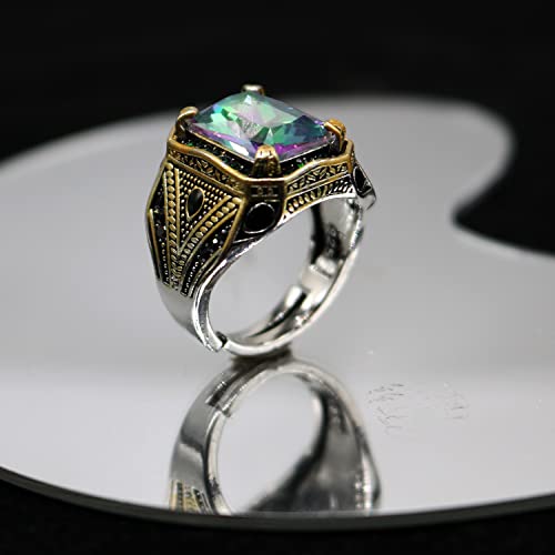 Adjustable Vintage Rectangle Colours Gemstone Cocktail Rings Luxury Crystal Zircon Personalized Statement Party Ring for Men Fashion Jewelry Gifts Gold Silver Two Tone4