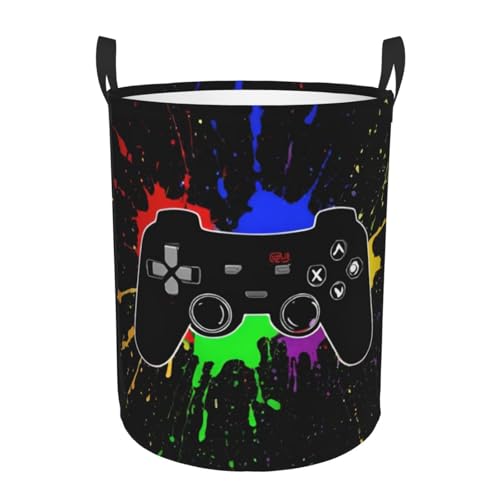 Gbuzozie Cesta de almacenamiento redonda de 38 l para ropa sucia con joystick de juego, cesta organizadora de revestimiento impermeable para guardería ropa juguetes