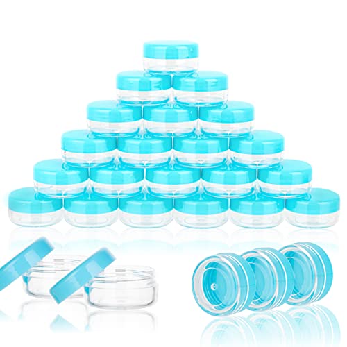 Image of 3 Gram Sample Containers with Lids, 25 Count Tiny Sample Jars, 3ML Makeup Cosmetic Containers for Lip Balms, Lotion, Powder, Beauty Products(Blue Lids)