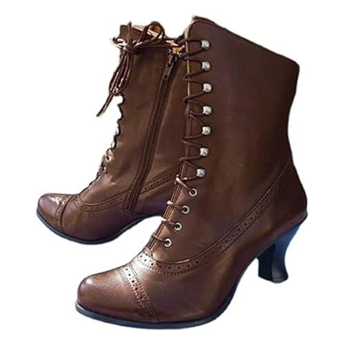 Victorian Boots for Women Vintage Kitten Heel Boots 70s Lace up Almond Side Zipper Toe Booties Renaissance Wedding Shoes