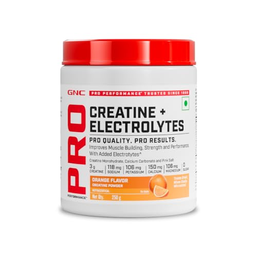 Image of GNC Creatine+ Electrolytes | 3g Creatine Monohydrate + Sodium, Potassium, Calcium, Magnesium | Boosts Muscle Growth, Hydration, Energy & Recovery | Zero Sugar | 100% Veg | 250g | Orange