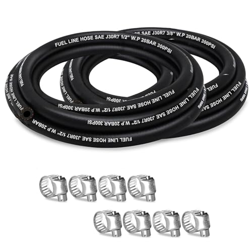 HOUSUN Fuel Line 3/8 1/2 Inch ID, Fuel Hose 5FT 300PSI High-Pressure with 8 Clamps., J30R7 Fuel Line Hose NBR.