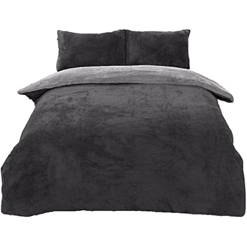 Brentfords Reversible Teddy Fleece Duvet Cover with Pillow Case Supersoft Fluffy Thermal Warm Soft Sherpa Bear Bedding Set, Charcoal Silver Grey - Double Cover
