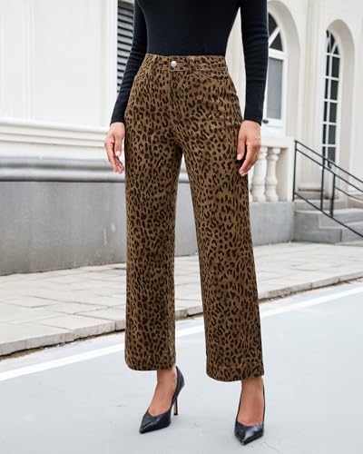 luvamia Wide Leg Jeans Woman Trendy High Waisted Leopard Cheetah Print Ankle Length Stretchy Denim Pants with Pockets