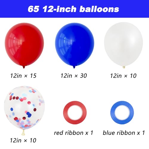 Image of RUBFAC 65pcs Red White and Blue Balloons 4th of July Patriotic Balloons Arch Garland Kit, 12 Inches Confetti Balloons for Independence Day Nautical Baseball Birthday Party Decorations
