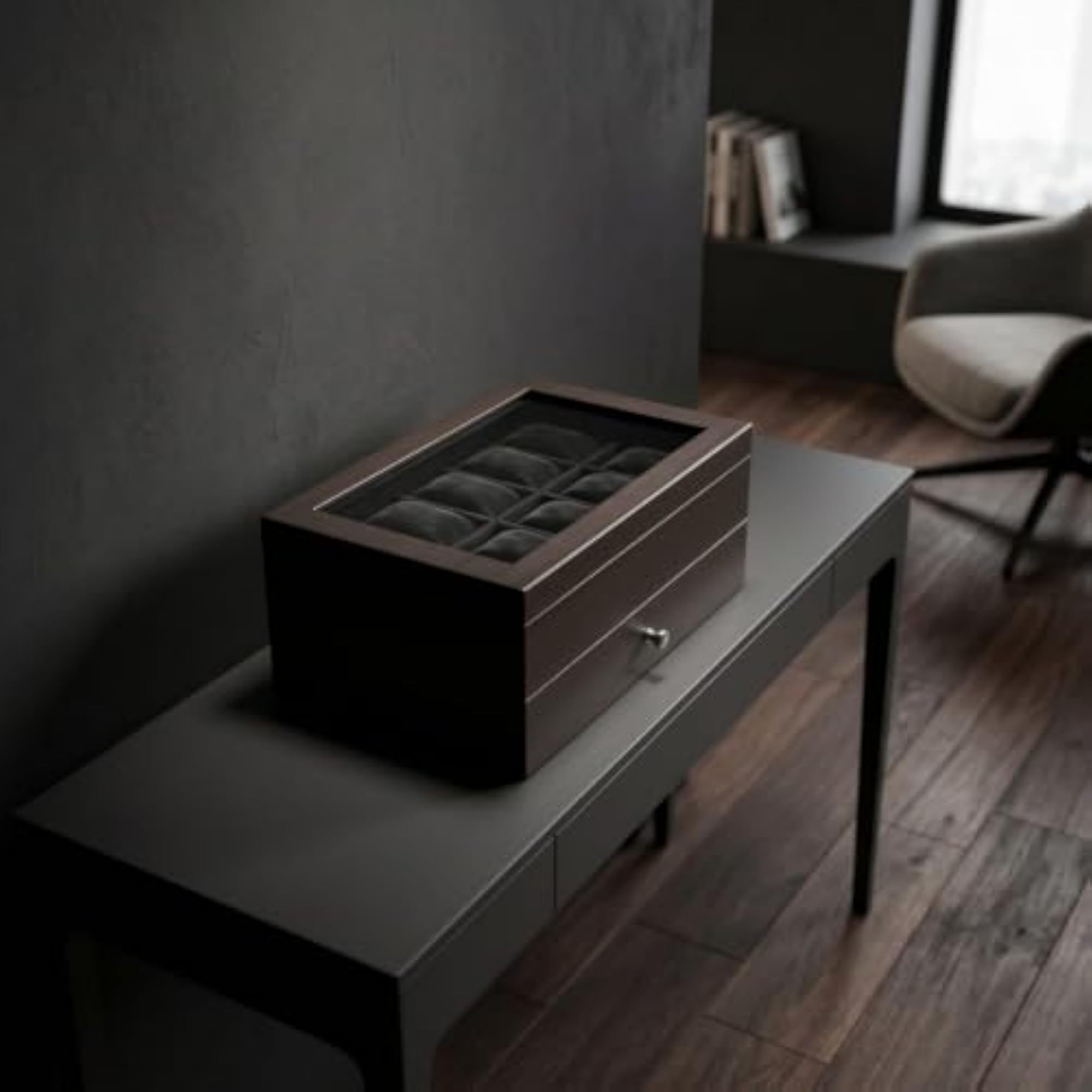 Wood-Grain Watch Display Case with Glass Lid