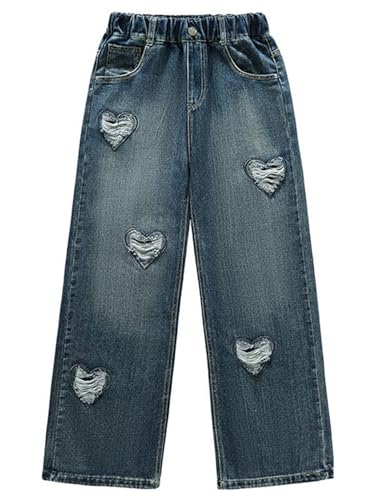 JEATHA Girl's Y2K Heart Applique Elastic High Waist Ripped Jeans Wide Leg Loose Denim Pants2