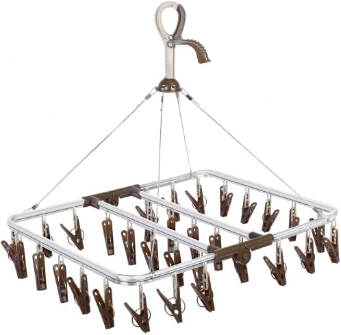 ANVINKU Sock Hanger for Washing Line, Aluminum 32 Pegs Sock Dryer, Folding Sock Drying Rack, Underwear Peg Hanger with Windproof Hook, Sock Airer for Underwear Baby Clothes & HatsDark Brown
