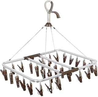 ANVINKU Sock Hanger for Washing Line, Aluminum 32 Pegs Sock Dryer, Folding Sock Drying Rack, Underwear Peg Hanger with Windproof Hook, Sock Airer for Underwear Baby Clothes & HatsDark Brown