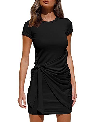 OWIN Women's Summer T Shirt Dress Casual Short Sleeve 2021 Crewneck Bodycon Ruched Tie Waist Mini Dresses Black M