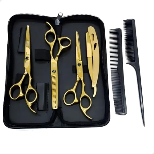 Conjunto de Tesouras Profissionais - Fio Laser, Fio Navalha e Fio Desfiadeira + Navalhete e Estojo (Dourado)