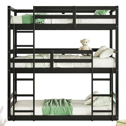 Zifone Triple Bunk Bed, Rubber Wood, Twin Over Twin Over