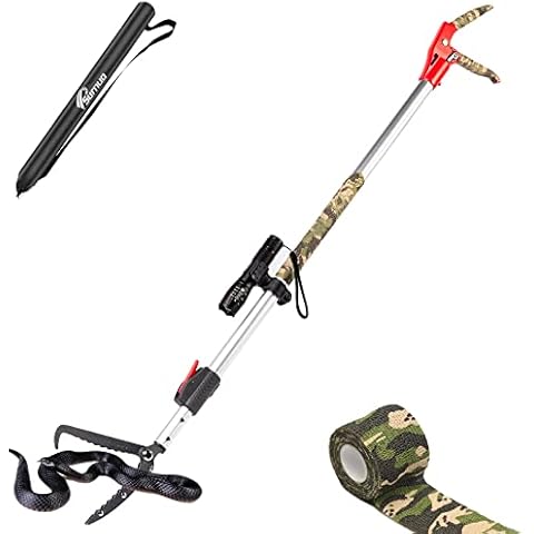 SURNUO 86.6" Heavy Duty Snake Tongs with Telescopic Pole Reptile Grabber Catcher BBQ Fireplace Log Picker, Extra Flashlight & Non-slip Straps Included Cover