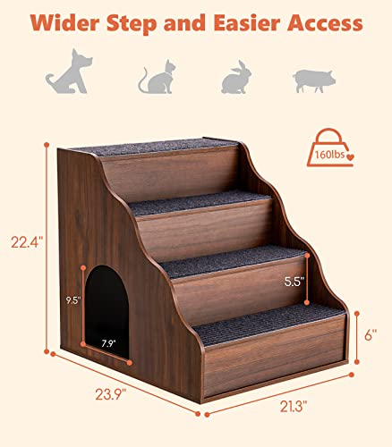 2 In 1 Wooden Dog Stairs Steps For Old Dogs, Multifunctional 4-Step Pet Stairs Steps With Pet House, Decorative Dog Stairs For High Bed Couches And Window Perch #TOP2