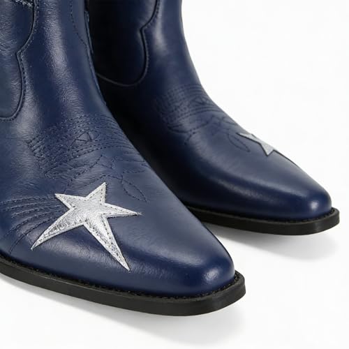 Image of Women's Mid Calf Western Cowboy Boots Pull On Cowgirl Boots with Fashion Star Embroidery Letter Pointed Toe Chunky Heel