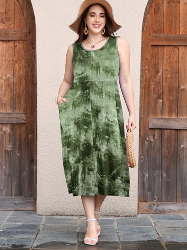 Image of LARACE Women's Plus Size Sleeveless Maxi Dress Casual Crew Neck Pleated Flowy Long Dresses with Pockets L-6XL