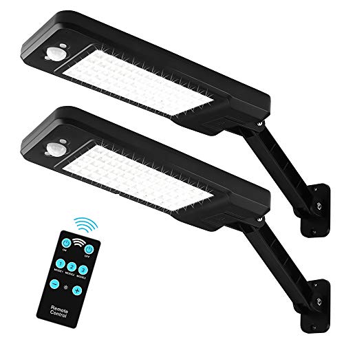 2 Pack Remote Solar Lights Outdoor with 60pcs led 1000LM Adjustable Angle Wireless Motion Sensor Remote Control Big Battery & 3 Lighting Modes for Yard Garage Garden Park Farm (2 Pack)