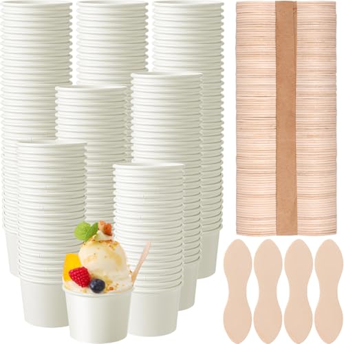 Jingmore 100 Pcs Paper Ice Cream Cups Frozen Yogurt Cup with Spoons 4 oz Disposable White Dessert Bowls Dessert Supplies Mini Wooden Spoons
