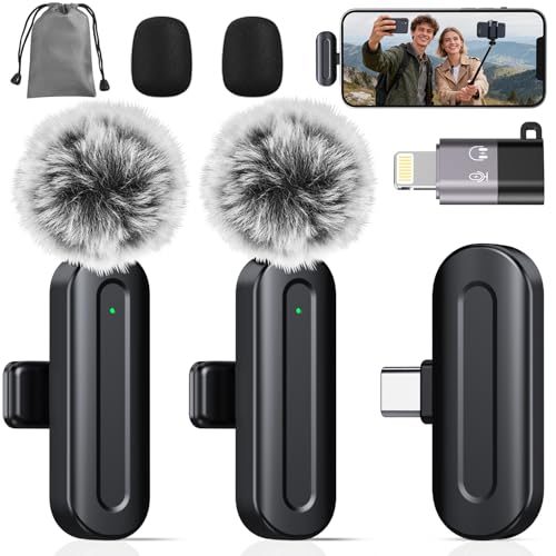 PQRQP Wireless Mini Microphone for iPhone/iPad/Android: 2 Pack Lavalier Microphone for Video Recording, High-Fidelity Audio iPhone Mic with USB-C for Content Creators, Bags & Cases