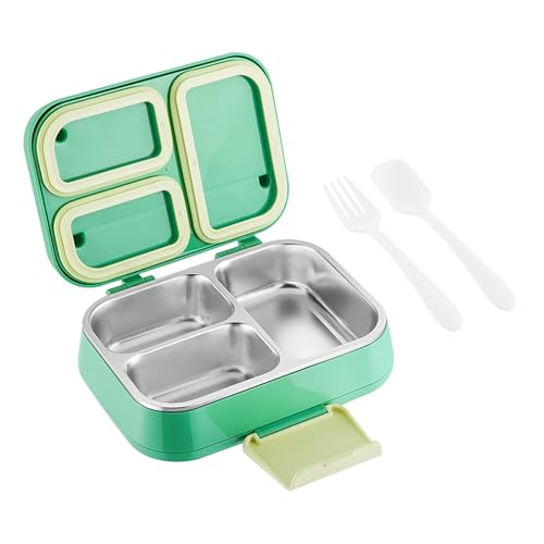 KSOUSLATU Stainless Steel Bento Box for Kids, Leakproof Lunch Box Double Layer 3 Compartment Metal Snack Container for School & Outdoor and Office (Green)