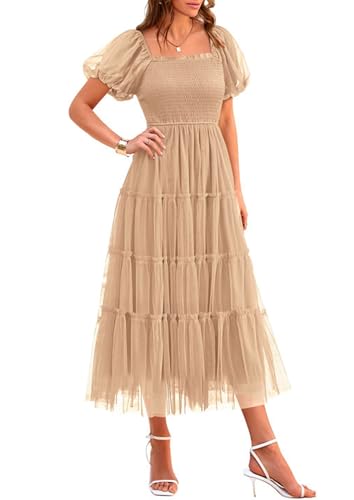 PRETTYGARDEN Women's Smocked Midi Tulle Dress 2025 Summer Puffy Short Sleeve Square Neck Ruffle Wedding Guest Party Dresses (Apricot,Small)