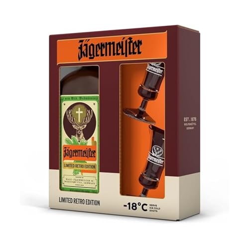 JÄGERMEISTER - Licor de Hierbas Limited Retro Edition 700 ml + 2 Copas, con 56 Ingredientes Naturales
